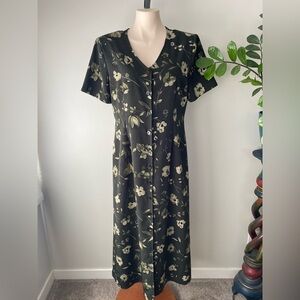90s Vintage Jessica Front Button Down Green Floral Maxi Dress Size Large 1990s